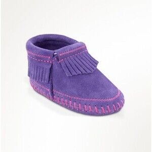 Minnetonka Riley Moccasin Bootie Purple Pink Fringe Leather Toddler SZ 6 Girls